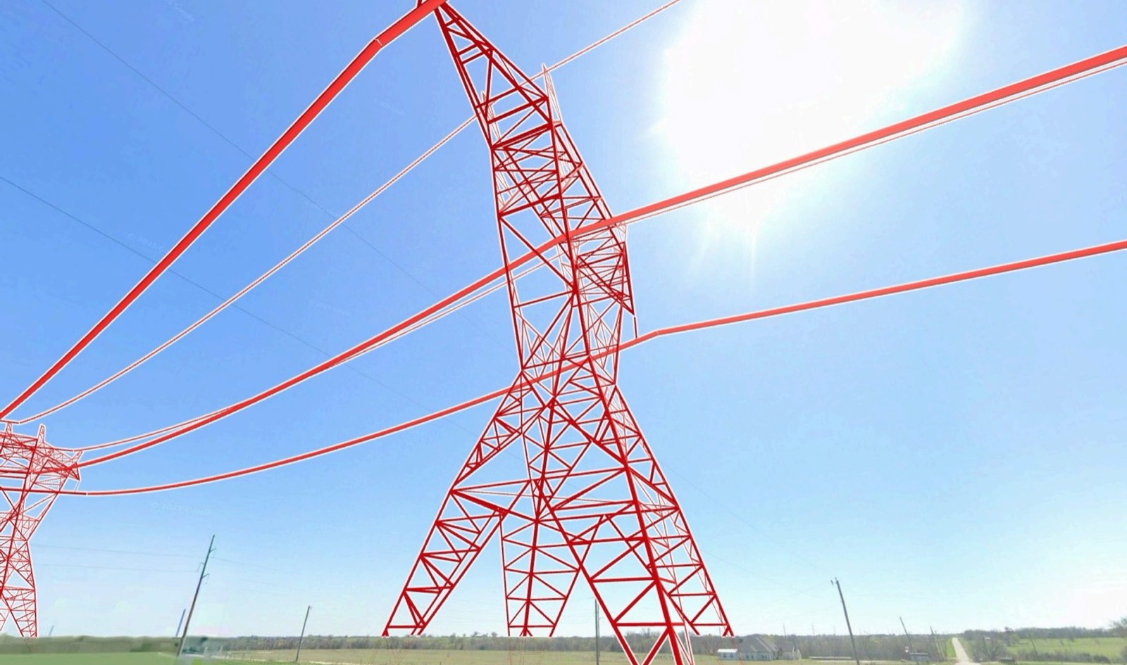 Rendering of a 765-kV transmission tower drawn to scale along an officially filed route, next to a country road and farmhouse in Texas